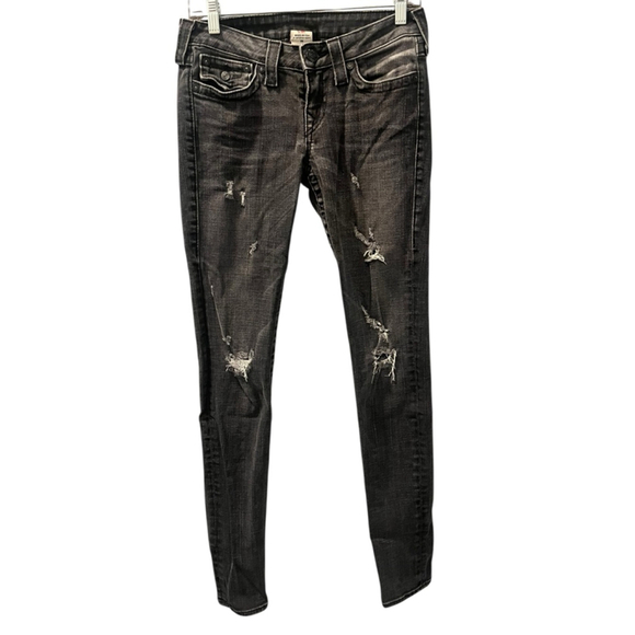 True Religion Distressed Light Black Skinny Jeans Women's Size 28" Flap Pocket - Picture 1 of 8